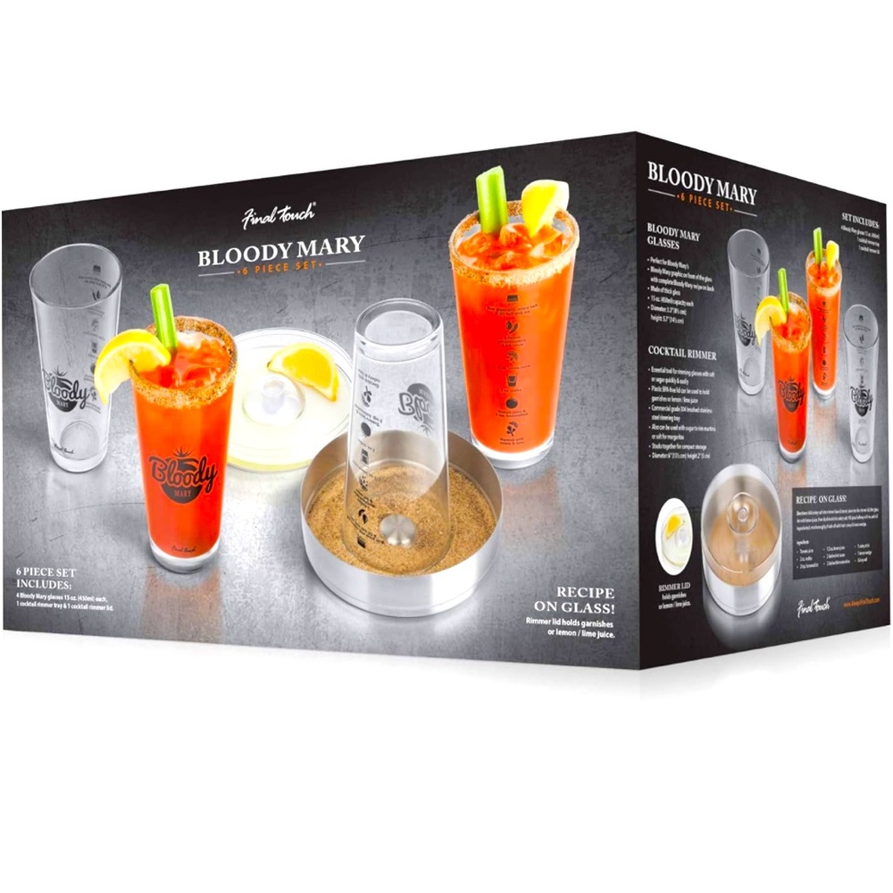 Bloody Mary Set 6 Piece Cocktail Kit with Glasses, Rimmer Tray, & Recipe Guide